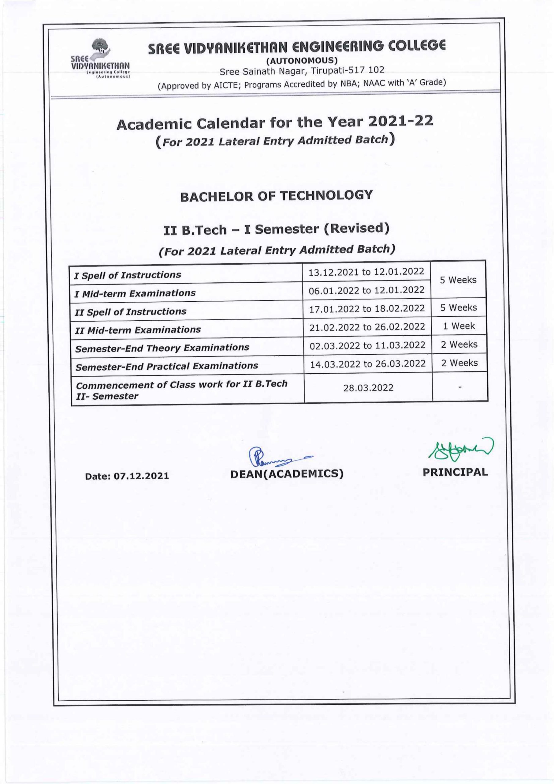 Academic Calendar 2021-22 for II B.Tech. I-Semester Lateral Entry
