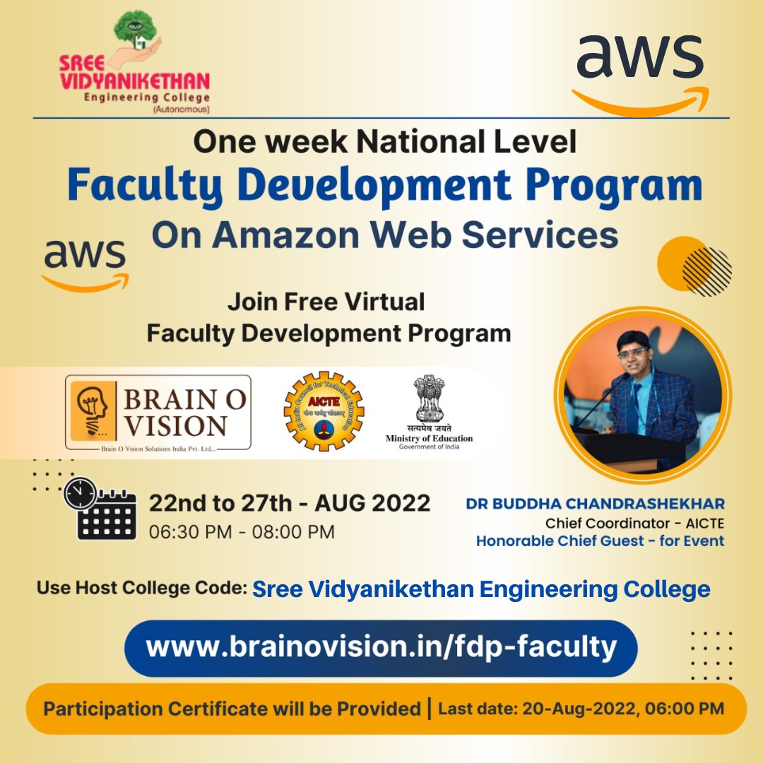One Week National Level FDP on Amazon Web Services From 22nd to 27th August,2022 in association with Brainovision Solutions India Pvt.Ltd, Hyderabad